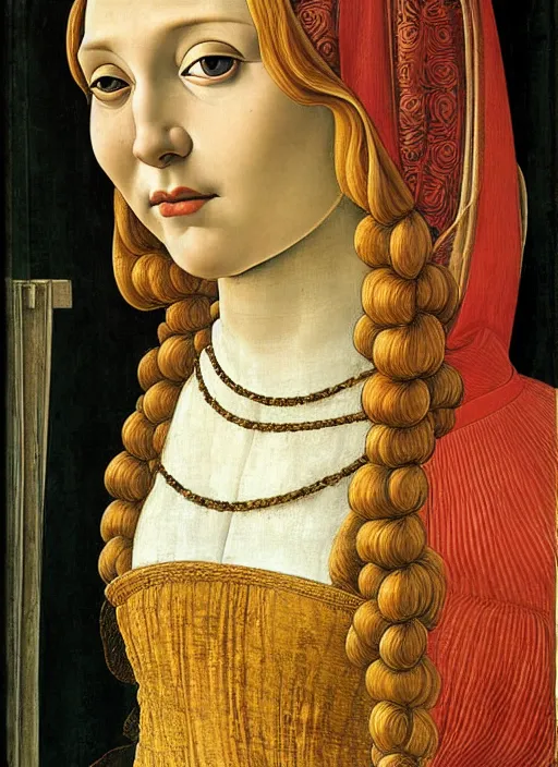 Image similar to portrait of young woman in renaissance dress and caul, art by sandro botticelli