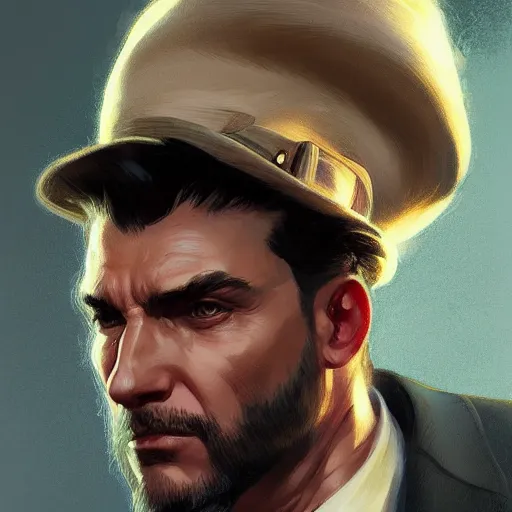 Image similar to mob boss, headshot, painted character portrait, highly detailed, digital painting, artstation, concept art, sharp focus, illustration, art by artgerm and greg rutkowski and alphonse mucha