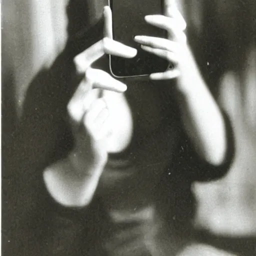 Prompt: vintage photo of a modern girl in the 1920s taking a selfie with an iPhone, 35mm film