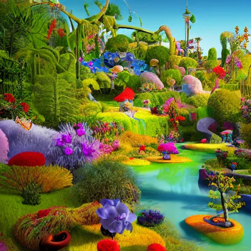 Image similar to a tiltshift 4 k photo of visions of serenity in the garden of enchantment, detailed digital art by howard arkley, anton fadeev and james gurney, hyperdetailed 4 k hd realism rendered in unreal engine