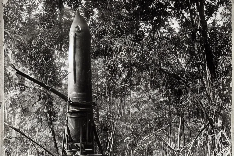 Image similar to a 1 9 0 5 colonial closeup photograph of a wooden moon rocket in a village at the river bank of congo, thick jungle, scary, evil looking, wide angle shot