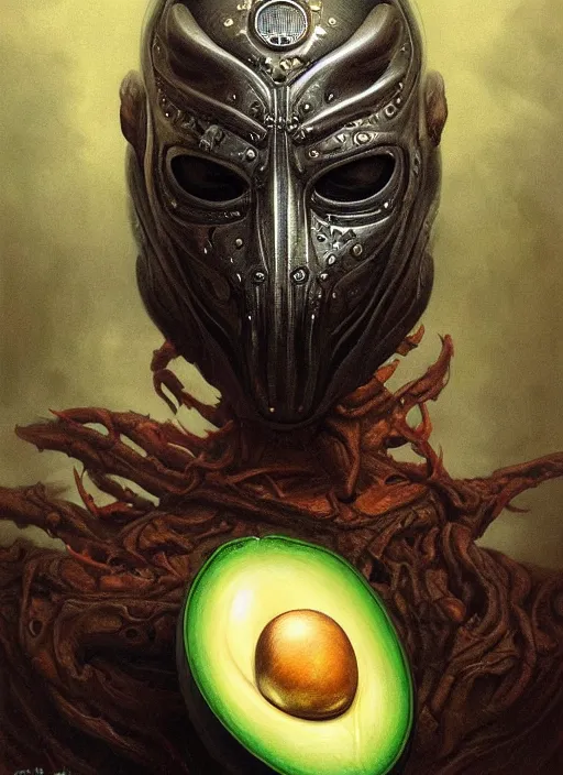 Prompt: avocado mf doom devil eyes, the devil's avocado, avocado skin. intricate, elegant, highly detailed, centered, digital painting, artstation, concept art, smooth, sharp focus, illustration, artgerm, tomasz alen kopera, peter mohrbacher, donato giancola, joseph christian leyendecker, wlop, frank frazetta