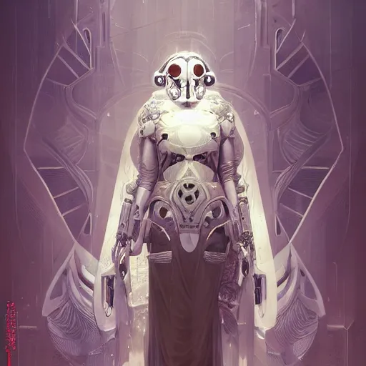 Image similar to a cyborg empress with mask, art nouveau ivory accessories, star wars, cyberpunk, darksynth, luxury, concept art by jama jurabaev, extremely detailed, ominous, ethereal, artstation, andree wallin, edvige faini, balaskas, alphonse mucha, symmetry