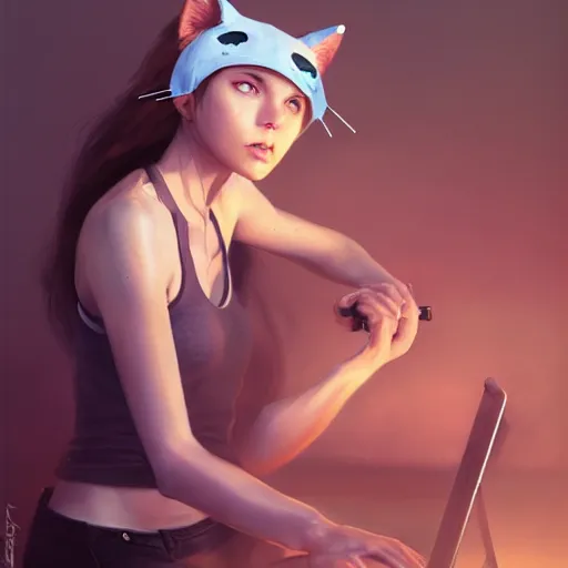 Image similar to cute woman wearing tank top and cat ears plays on computer, digital art, photorealistoc, art by greg rutkowski, hyperdetailed, western comic style, comic, comic style, sharp lineart, professional lighting, deviantart, artstation, trevor henderson, rossdtaws, cinematic, dramatic