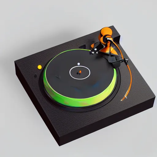 Prompt: isometric photo vinyl turntable vinyl record with texture of kiwi fruit, 4 k, unreal render, by blender guru, syntwave colors