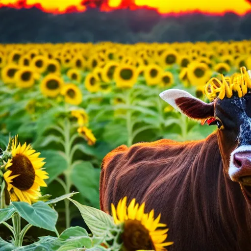 Prompt: spider sitting on a sunflower, cow in the background, depth of field, ultra realistic, cinema, sunset, photo