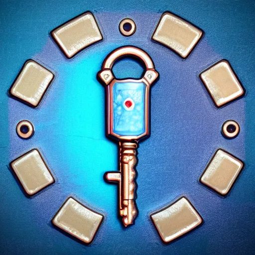 Prompt: a stylised old ice blue colorful metal key, key is on the center of image, rpg game inventory item, rim light, outer glow, on the white background, vray, stylised textures, trending on artstation