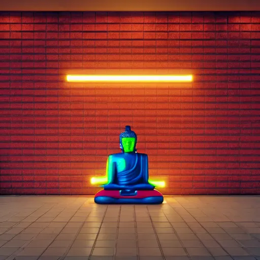 Image similar to neon light Buddha, neon tube Buddha, brick wall background, octane render