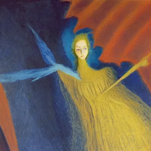 Image similar to an original painting by remedios varo, uses gold, airy, blue, orange and violet as colors