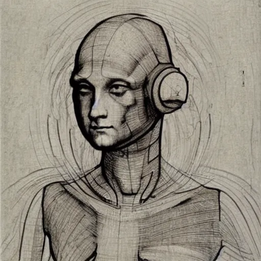 Prompt: leonardo da vinci's lost sketch of his cybernetic human design