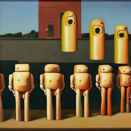 Prompt: robots queue up for ice cream, ( ( ( grant wood ) ) ), pj crook, ( ( ( edward hopper ) ) ), oil on canvas