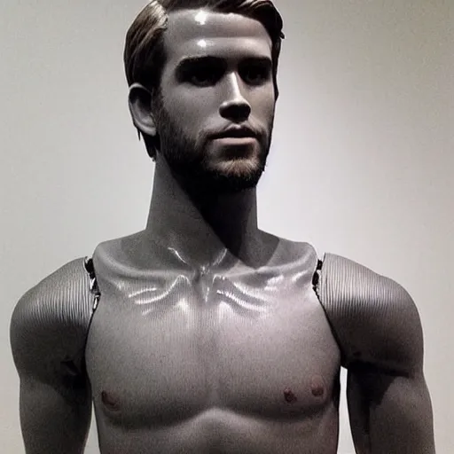 Image similar to “ a realistic detailed photo of a guy who is an attractive humanoid who is half robot and half humanoid, who is a male android, actor liam hemsworth, shiny skin, posing like a statue, blank stare, at the museum, on display ”