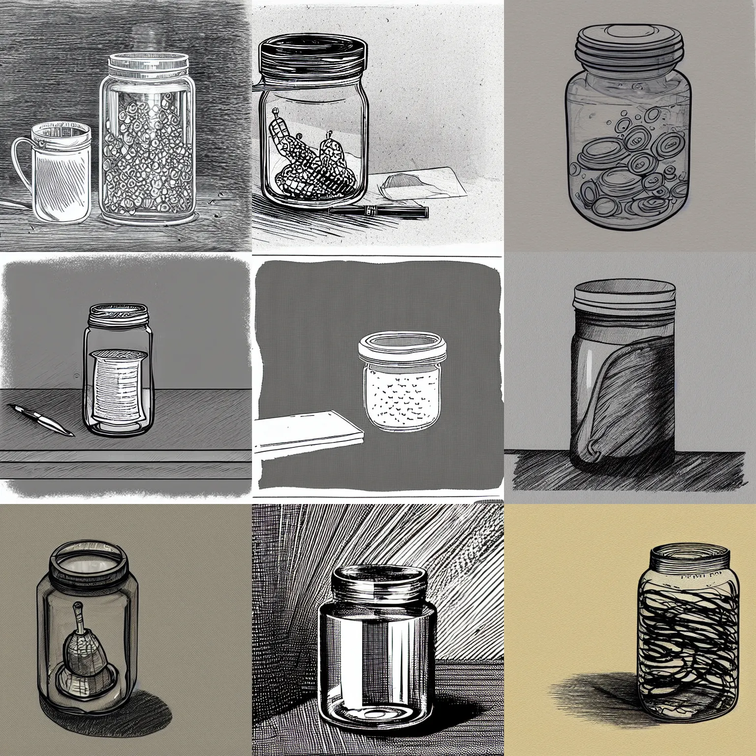 Prompt: sketch of technical pen and glass pickle jar of swirling ink shimmering on a desk, dramatic afternoon lighting, linear halftone, muted colors, heavy metal, by moebius
