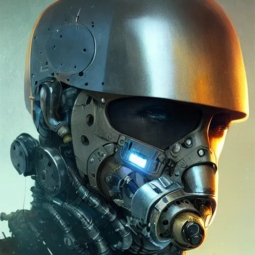 Image similar to a rugged social engineer man with cybernetic enhancements, detailed mask, scifi character portrait by greg rutkowski, esuthio, craig mullins, 1 / 4 headshot, cinematic lighting, dystopian scifi gear, gloomy, profile picture, mechanical, half robot, implants, steampunk, warm colors