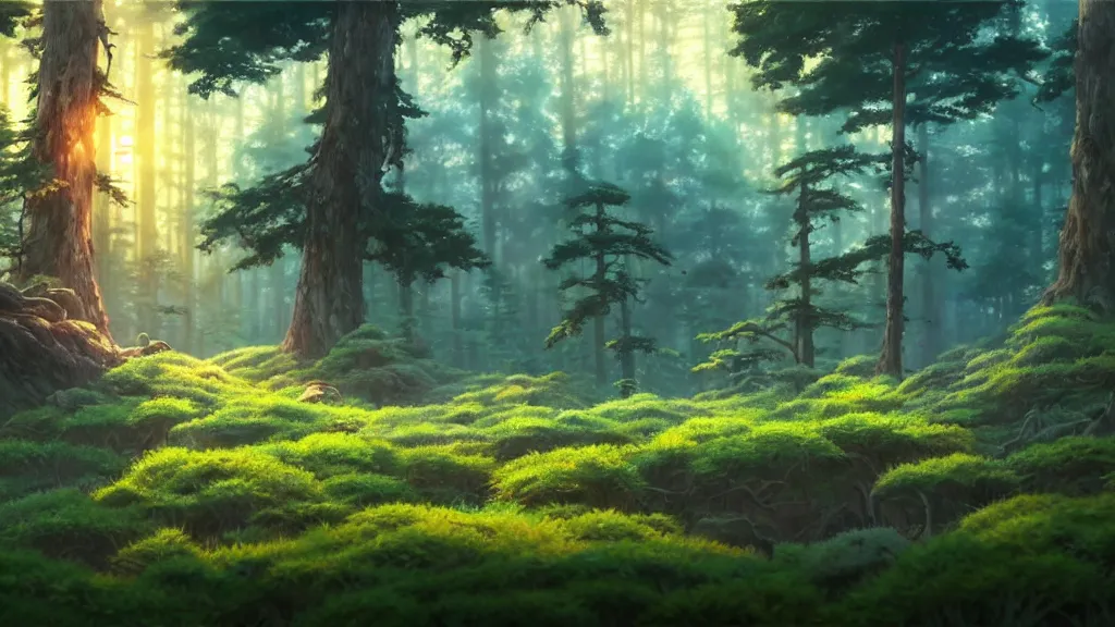 Image similar to forest clearing landscape, sunset, studio ghibli, pixar and disney animation, sharp, rendered in unreal engine 5, highly detailed, digital painting, artstation, concept art, smooth, sharp focus, illustration, wide angle, artbook, wallpaper, splash art, promo art, dramatic lighting, art by artgerm and greg rutkowski and bo chen and jin xiaodi