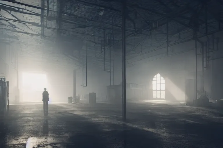 Image similar to a factory in fog, sun beams breaks through smoking pipes, a small red light is flashing in the bottom right corner, 4k, ultra details, cinematic, epic style, beautiful photo, hyper realistic, octane render, unreal engine, award winning, on artstation, volumetric lightning, masterpiece, golden hour,