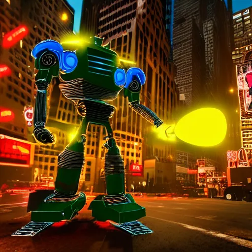 Image similar to Gigantic tin toy robot destroying new york at night, volumetric lighting, low angle looking up, unreal engine, H 1280