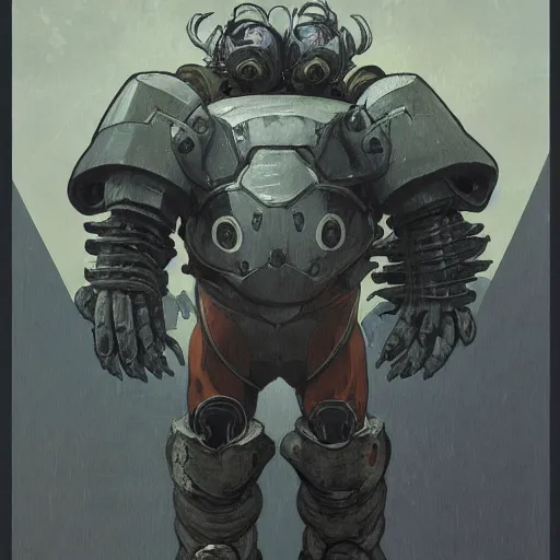 Prompt: portrait of hulking, brutish clone with vacant expression and giant isopod attached to back of neck, wearing brutalist black steel power armor and camoflauge cloak, clearly visible face, science fiction concept art by Anato Finnstark, Alphonse Mucha, and Greg Rutkowski