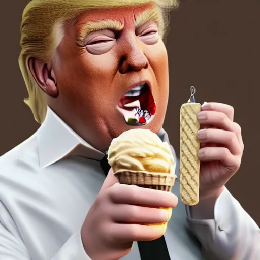 Image similar to Donald Trump eating a 99 flake ice cream, realistic artstyle, wide shot, dramatic lighting, octane render, hyperrealistic, high quality, highly detailed, HD, beautiful, cinematic, 8k, unreal engine, facial accuracy, symmetrical