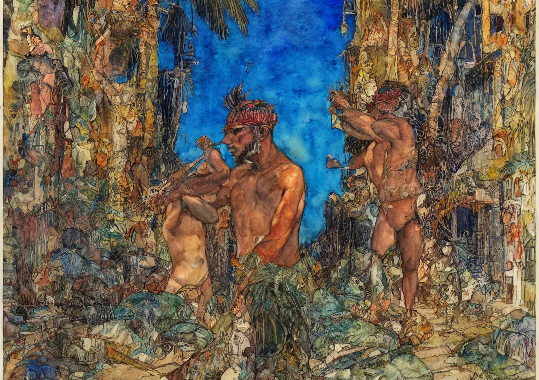 Prompt: watercolor of a polynesian greek god seeking their lover through the streets of an abandoned city, sparse detail, complementary color scheme, by george luks, mati klarwein and moebius