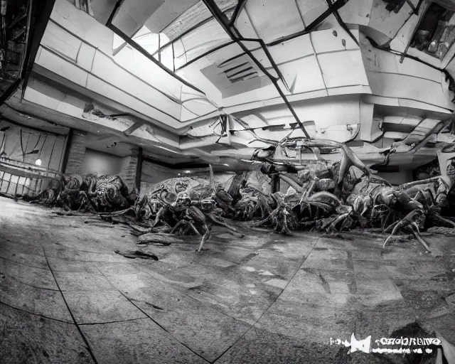 Prompt: camera footage of a Hundreds of Rabid Zerglings in an abandoned shopping mall, high exposure, dark, monochrome, camera, Unreal engine 5, grainy, CCTV, security camera footage, timestamp, zoomed in, fish-eye lens, Evil, Zerg, Brood, spider, horrifying, lunging at camera :4