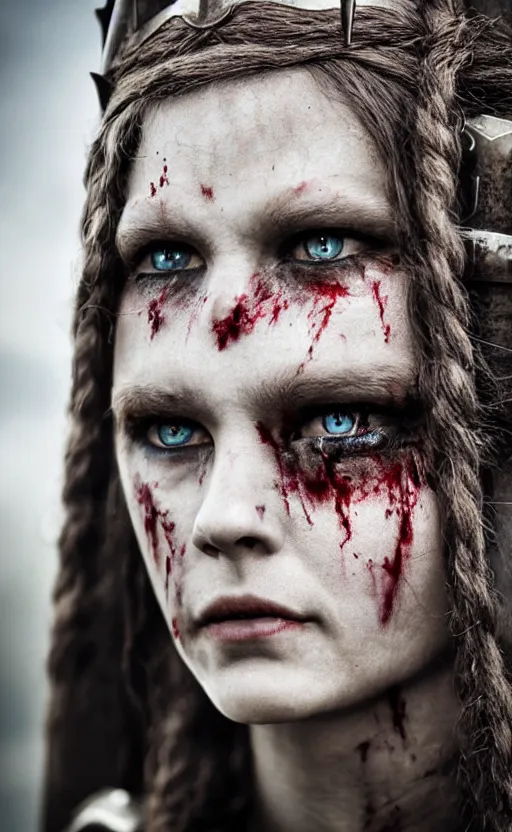 Image similar to photorealistic 3/4 photograph of beautiful female viking warrior with large sad gray eyes, bloody, cinematic, 28mm