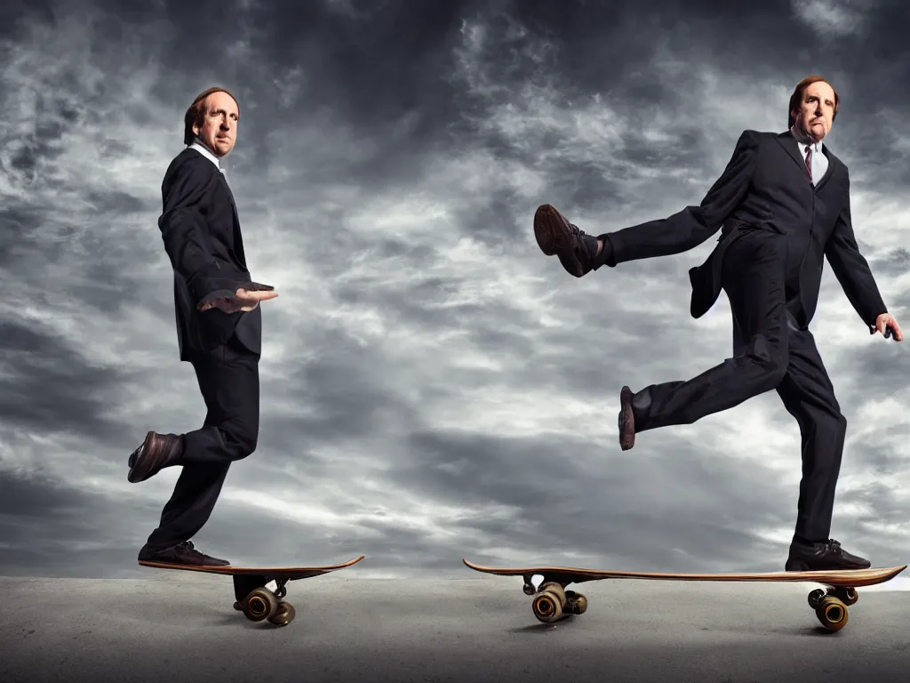 Prompt: saul goodman on a skateboard, studio photo, stunning scene, hdr, dynamic lighting,