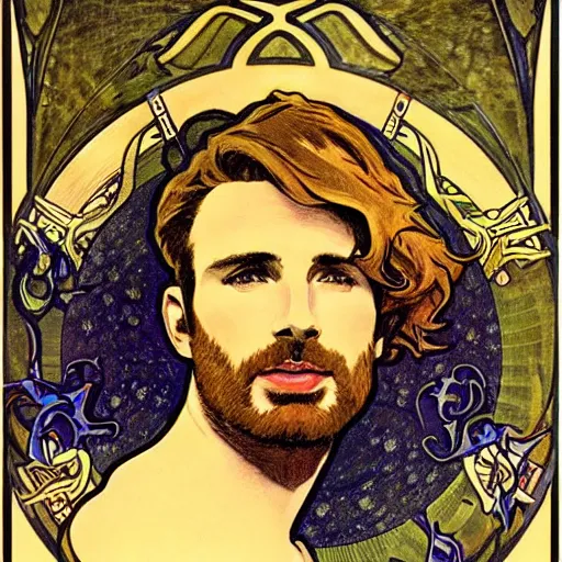 Image similar to chris evans portrait by louis - theophile hingre and alphonse mucha, realistic, sharp focus, zodiac signs, tarot cards, planets, ethereal, art nouveau, magic, moon, sun, crown, dreamy, royal, jewellery