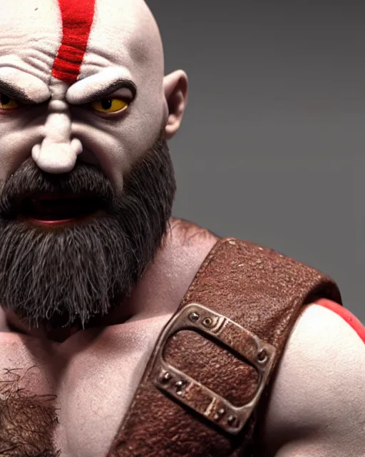 Image similar to kratos as a muppet. highly detailed felt. hyper real photo. 4 k.