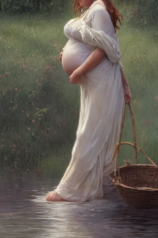 Image similar to rural pregnant woman doing laundry on river, portrait, elegant, intricate, digital painting, artstation, concept art, smooth, sharp focus, illustration, art by artgerm and greg rutkowski and alphonse mucha