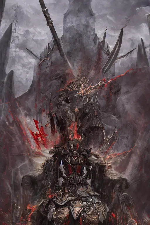 Image similar to Path of Exile, Sirius, bronze face, red eyes, male image with bronze black armor, sitting on the throne, black shadows, dark red bloody fog fly around, [[blood]], Anachronism, painting, dark fantasy, steampunk, 4k, perfect quality,