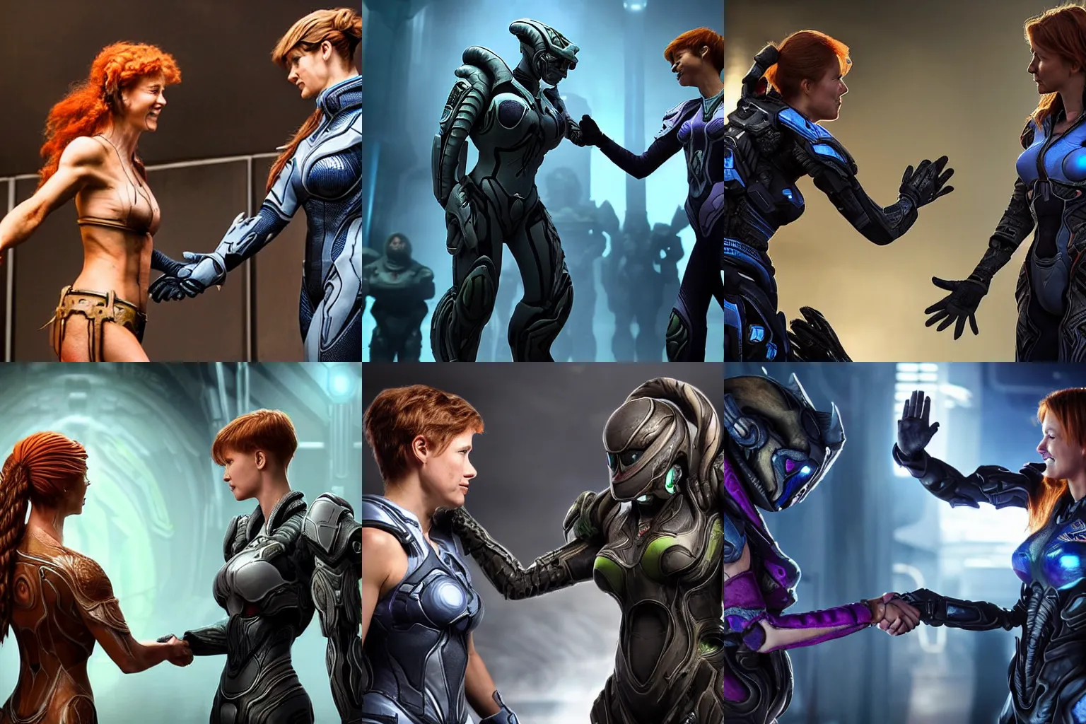 Prompt: Serral shaking hands with Sarah Kerrigan as The Queen of Blades Starcraft character, epic cinematic photo