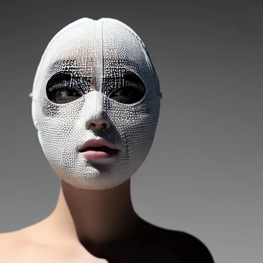 Image similar to ultra detailed woman wearing a white mask with black wires on her head, featured on behance, net art, made of wire, 1 0 mm lens, elegant, hyper realistic, ultra detailed, hyper realistic vfx simulation, volumetric lighting, 8 k post - production