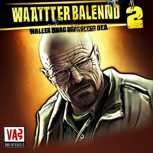 Image similar to Walter White as a Borderlands 2 character, drug dealer, game box cover art