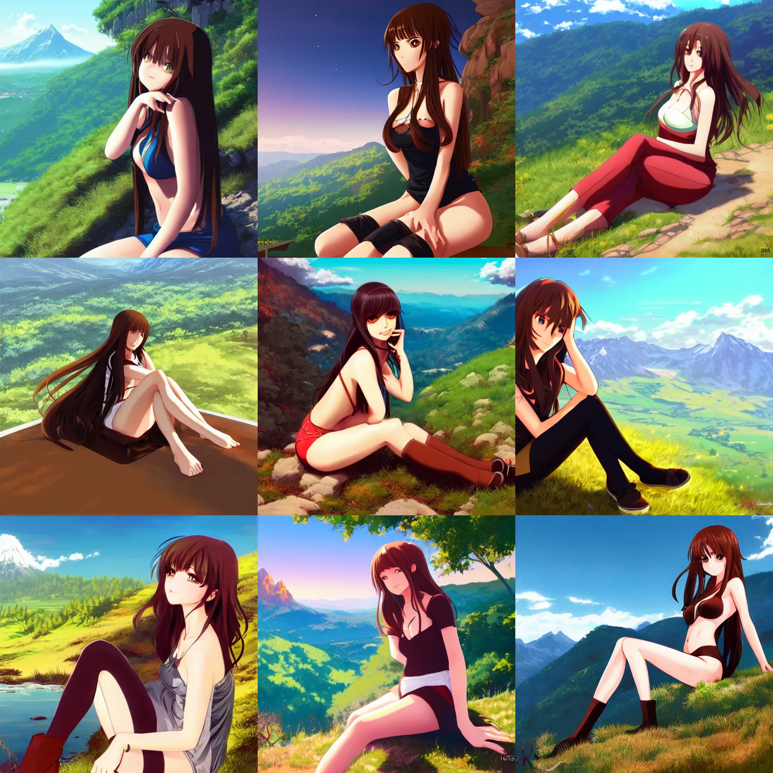 Prompt: sexy girl with long brown hair and luscious lips, sitting down, scenic view, mountain landscape, artstyle : high quality anime and ilya kuvshinov