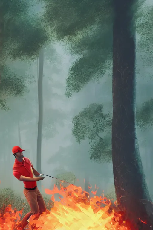 Prompt: close-up of an athletic golf player in a green lush golf course, low angle, landscape of a burning forest, smoke fire, sunlight shining through the branches of trees, digital painting, cinematic, 4k, particles light, Noah Bradley, ilya kuvshinov