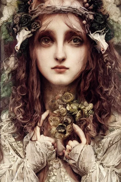 Image similar to An extremely beautiful pre-raphaelite portrait of a very beautiful and cute witch, surreal, ultradetailed, intricate, elegant, digital art painting, concept art, smooth, sharp focus, poster art, art cover illustration, regal, award winning picture, extremely detailed masterpiece, sense of awe, featured on artstation, Artgerm, effervescent punk kawaii-noir pastel bubbles, winning award piece, ethereal rainbows, Aetherpunk, low-key neon lightning, stormy weather, Exquisite details, 8K detail post-processing, matte, oil painting