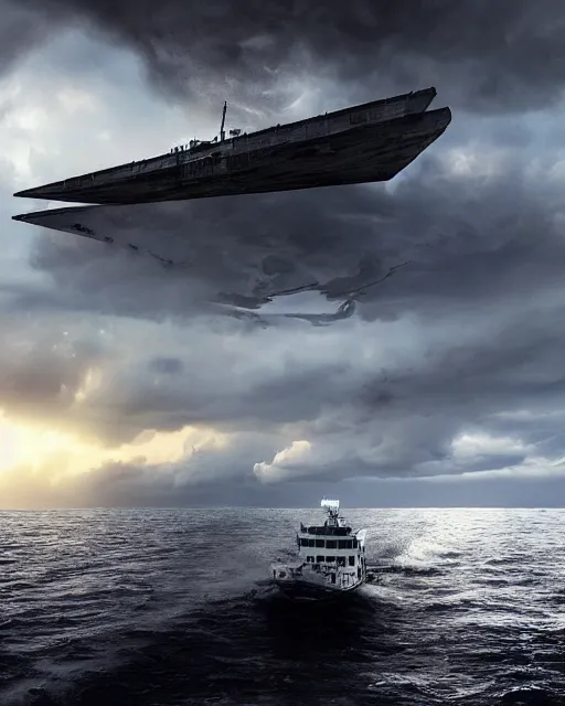 Prompt: a fishing boat on stormy seas, a gigantic star destroyer spaceship flying overhead, the gigantic star destroyer spaceship is emerging from storm clouds, sunset lighting, stormy weather, dramatic lighting, unreal engine, hyper realism, realistic shading, cinematic composition, realistic render, octane render, detailed textures, photorealistic, ultrawide shot, 1 6 mm lens