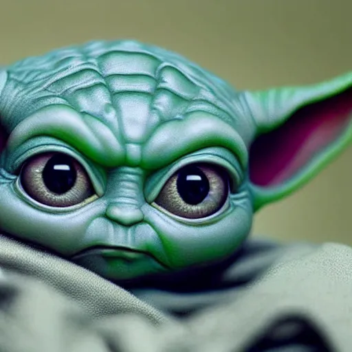 Image similar to Baby yoda, very cute, accurate, hyperdetailed, intricate detail, insanely detailed and intricate, edge to edge, solid color background intricate, highly detailed, smooth, sharp focus, detailed, high contrast, full frame, oil painting