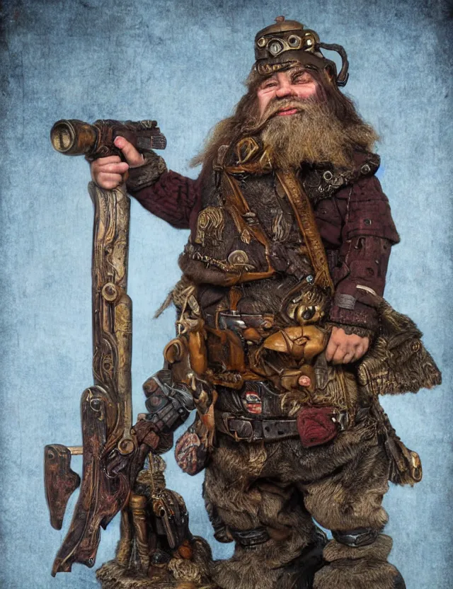 Image similar to dwarf in black hills with shotgun steampunk, realistic portrait