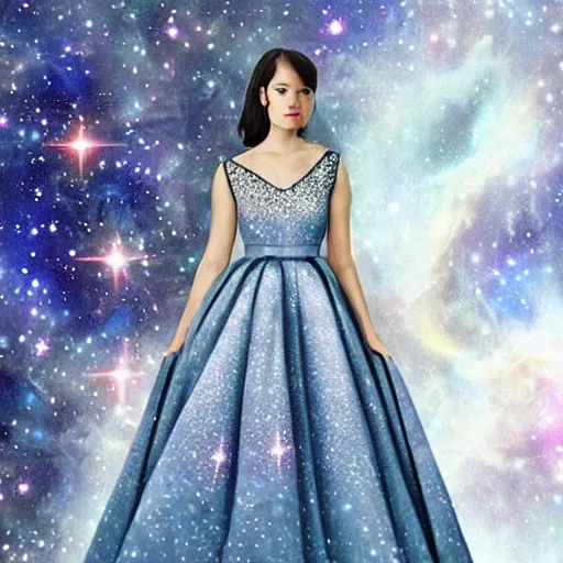 Image similar to beautiful cosmic wedding dress, white background, space print