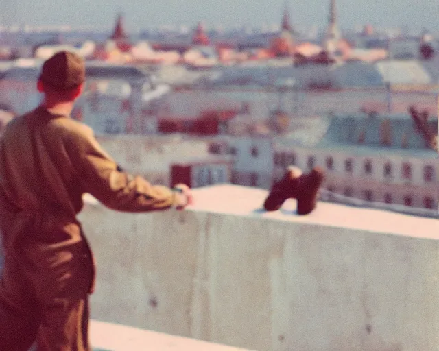 Image similar to lomo photo of man standing on the roof of soviet hrushevka, small town, cinestill, bokeh, out of focus