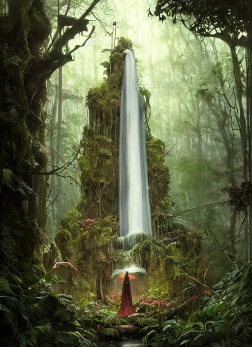 Image similar to a hyper realistic architectural witch shrine under a waterfall in the woods, gorgeous lighting, lush forest foliage, painting by chiara bautista and tom bagshaw, muca beksinski and norman rockwell and greg rutkowski weta studio, and lucasfilm