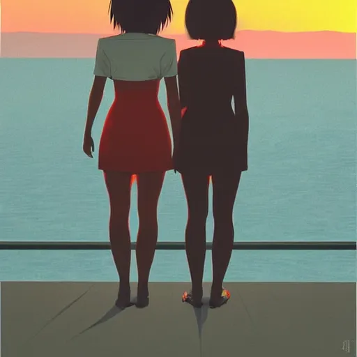 Image similar to 2 women standing side by side watching the sun go down by ilya kuvshinov