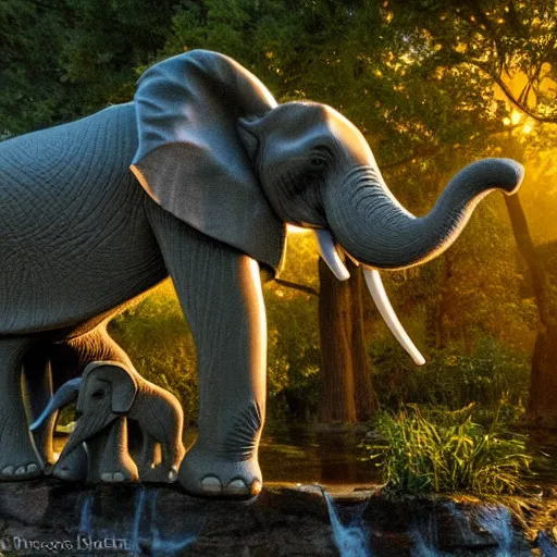 Image similar to an elephant dreaming of a waterfall at dusk