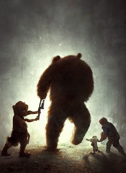 Image similar to a teddy bear fights off zombies to protect a crying child, portrait, dramatic lighting, cinematic, establishing shot, extremly high detail, photo realistic, foto realistic, cinematic lighting, post processed, concept art, artstation, matte painting, style by eddie mendoza, raphael lacoste, alex ross