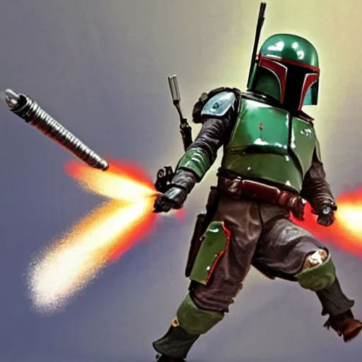 Prompt: Boba Fett flying and using his flamethrower