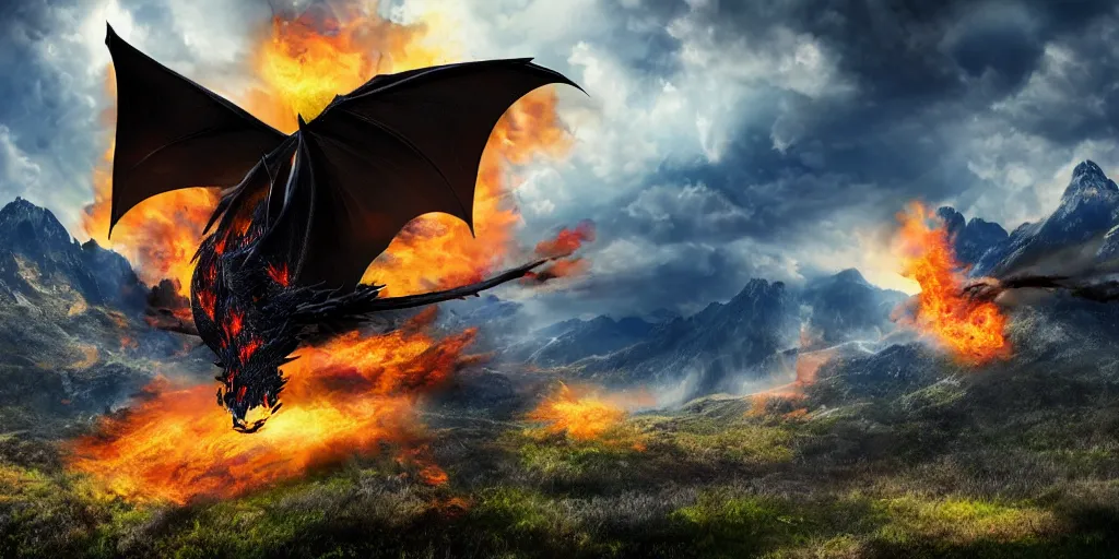 Prompt: a powerful flying black fire Dragon spitting fire in the foreground, big Mountains and wide forrests with trees are in the Background, stormy weather at night ,cinematic Style, hyperrealistic