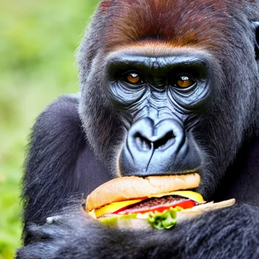 Prompt: a gorilla eating a hamburger