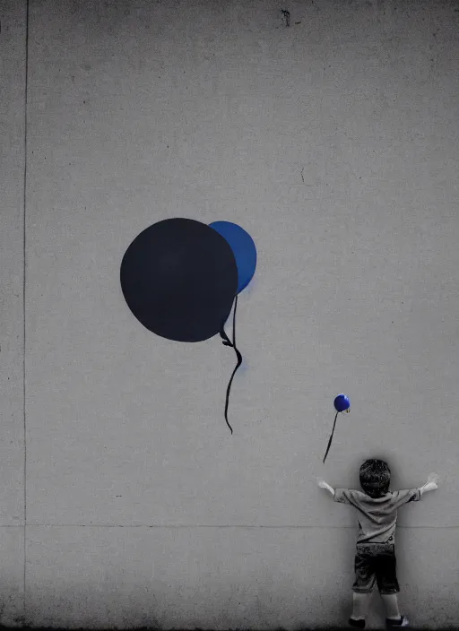 Prompt: A black and white graffiti of boy holding a single dark blue balloon on a concrete background in the style of Banksy, graffiti, digital art